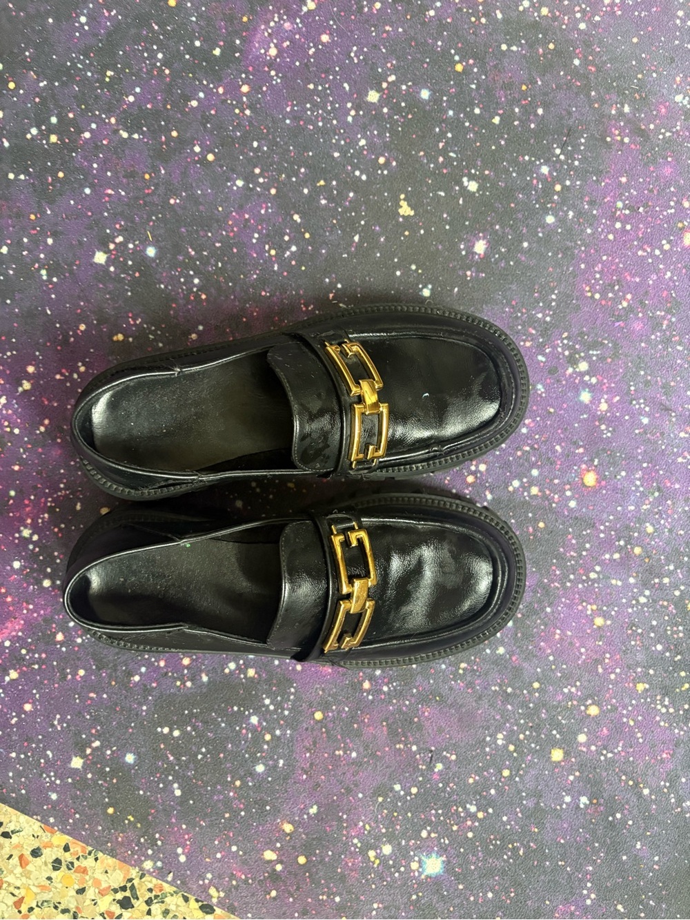 Men's Black Leather Slip-On Loafers with Gold Hardware